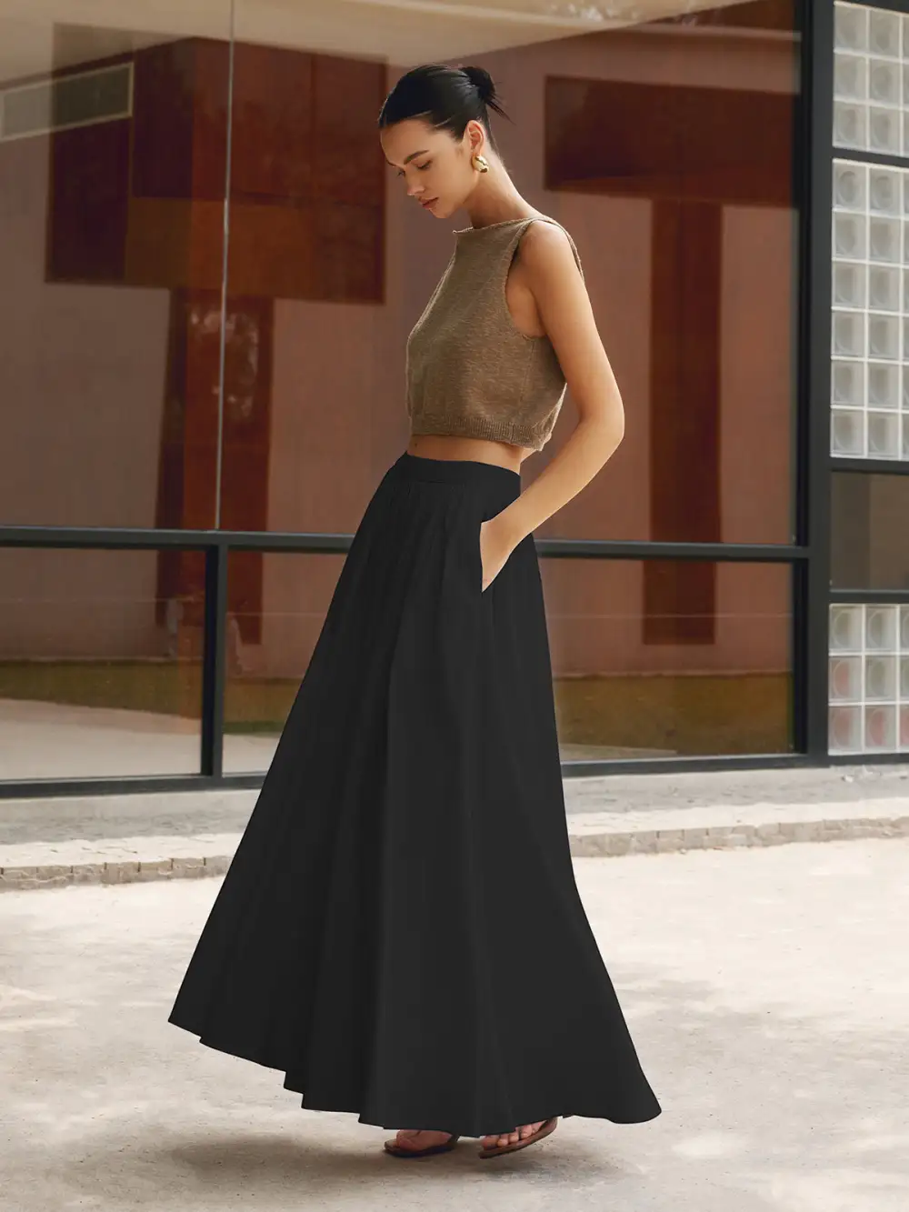  High Waist Pleated Maxi Skirt