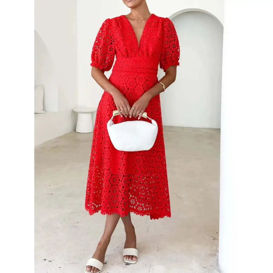 Eyelet Lace V-Neck Midi Dress with Puff Sleeves