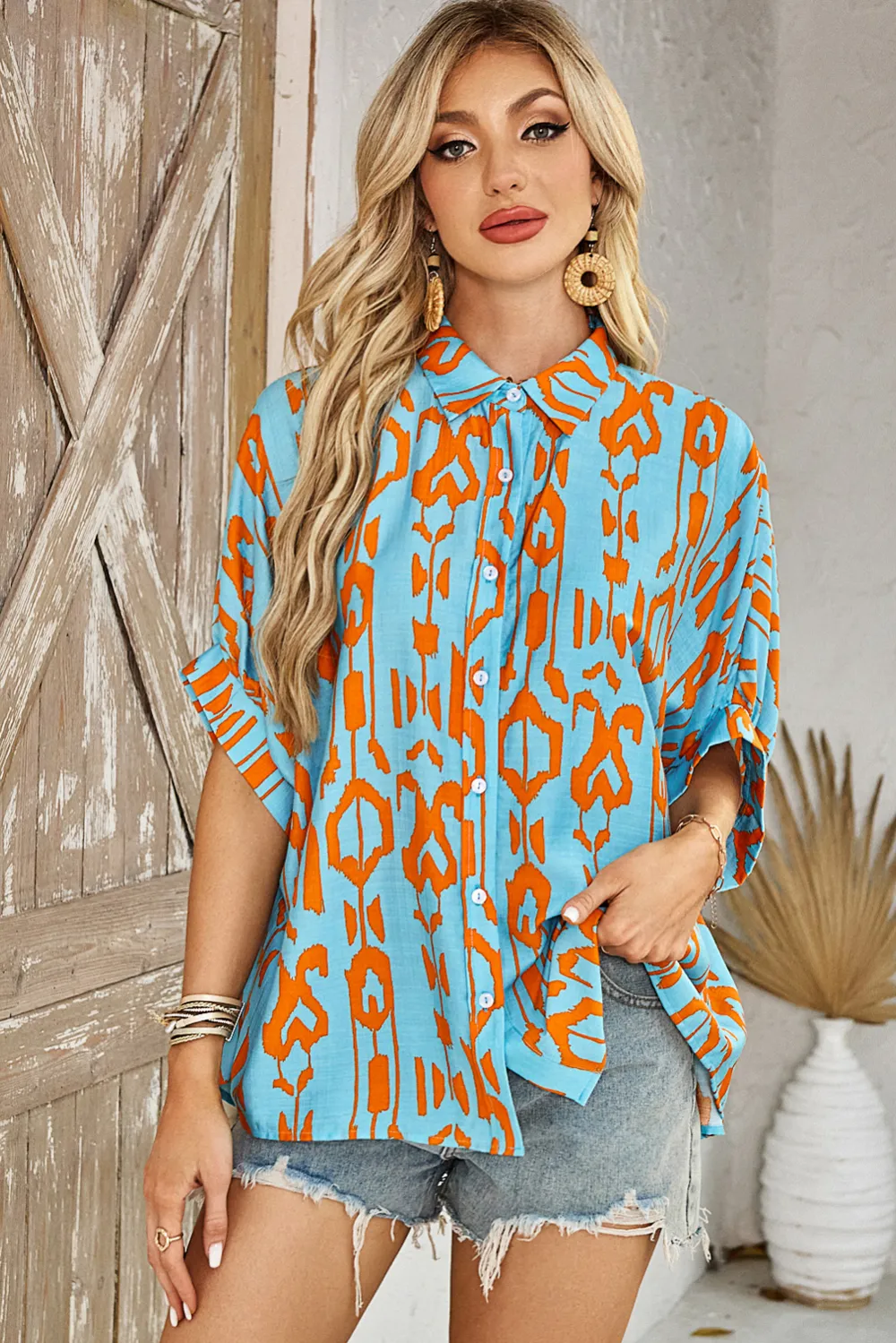 Sky Blue Abstract Print Dolman Shirt