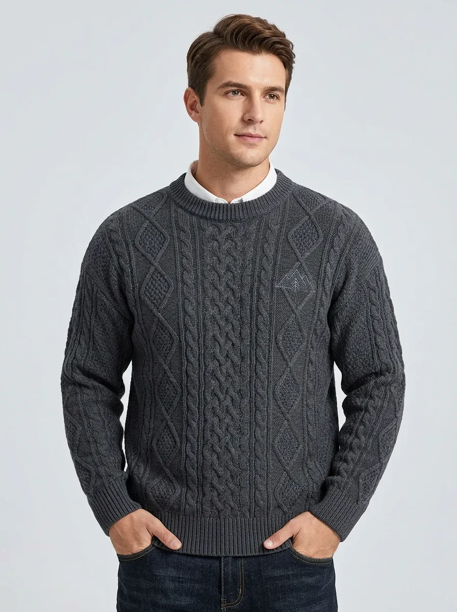 Men's Charcoal Grey Mountain Geometric Mountain Embroidered Knit Sweater