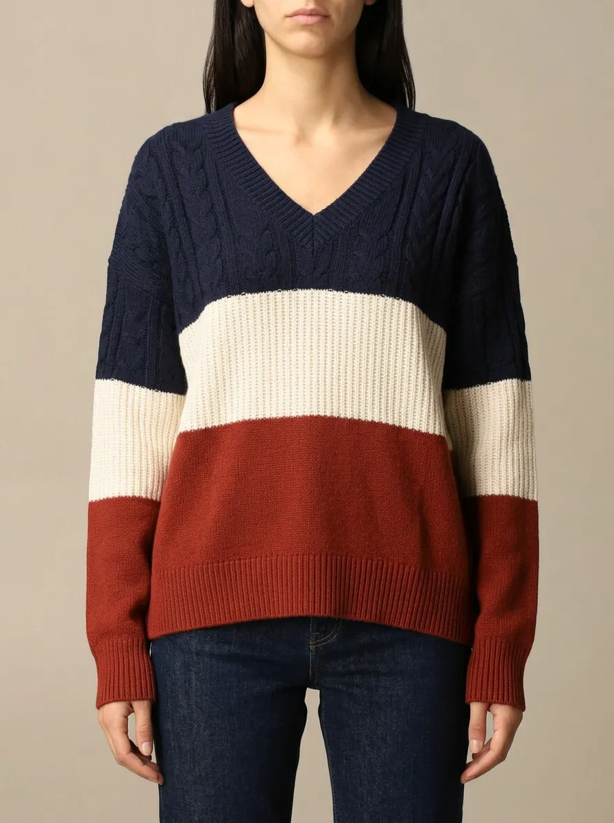 Textural V Neck Knit with Colorblock and Cable Knit Texture