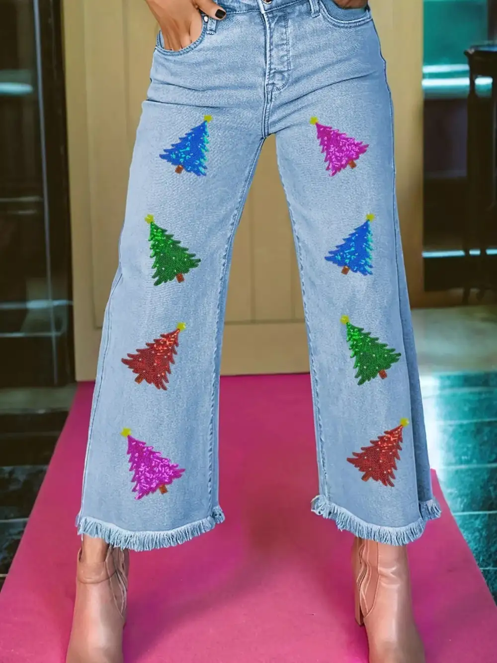 Wide Leg Raw Hem Denim Jeans