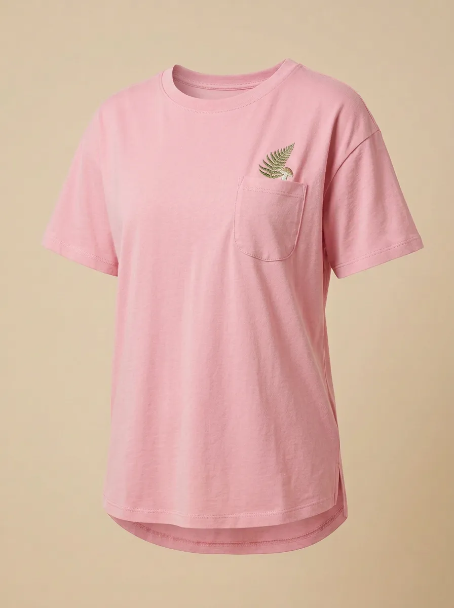 Women's Nature-Inspired Fern & Mushroom Embroidered Pocket Crewneck T-Shirt