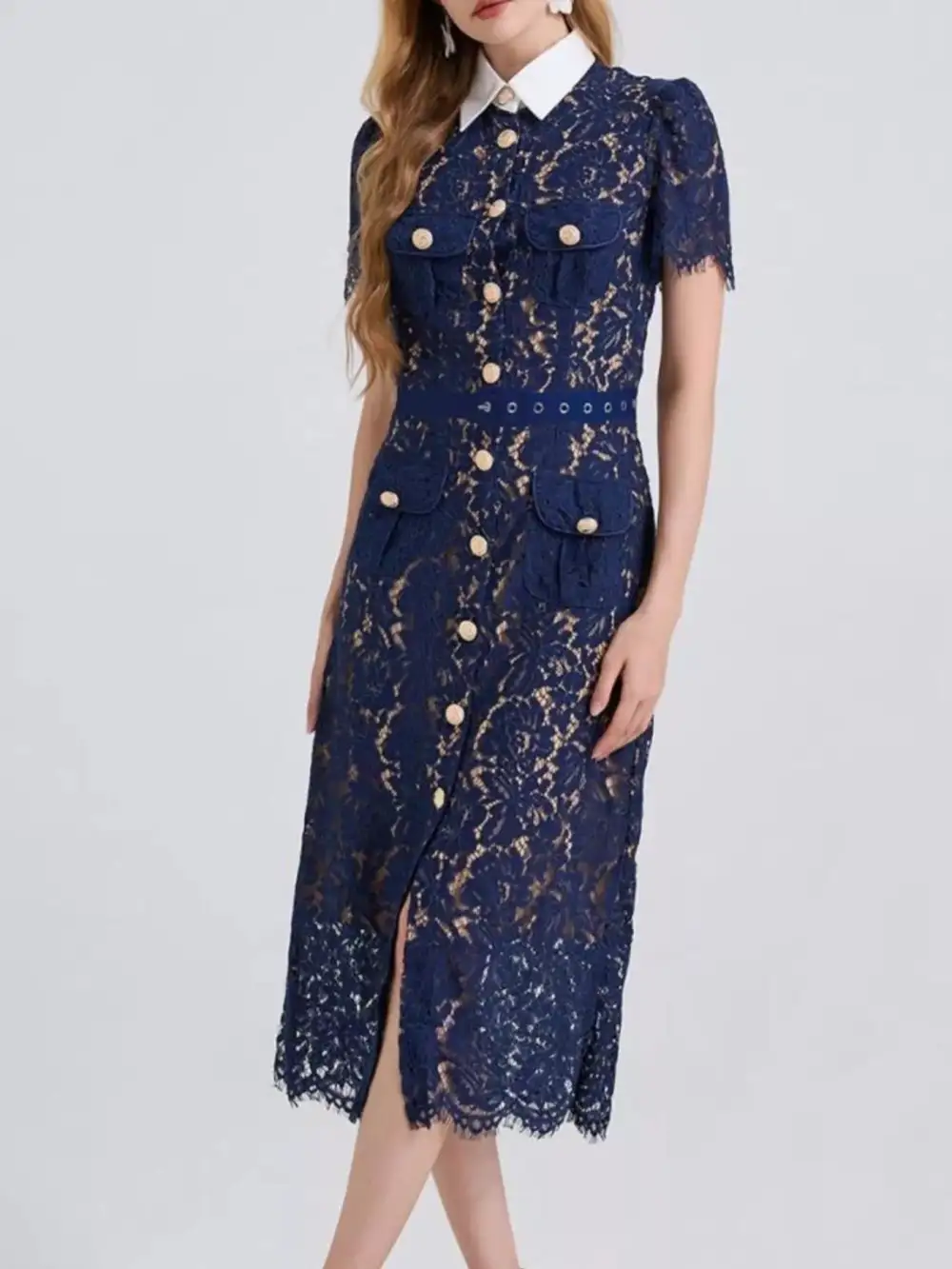 Lace Button Front Midi Dress