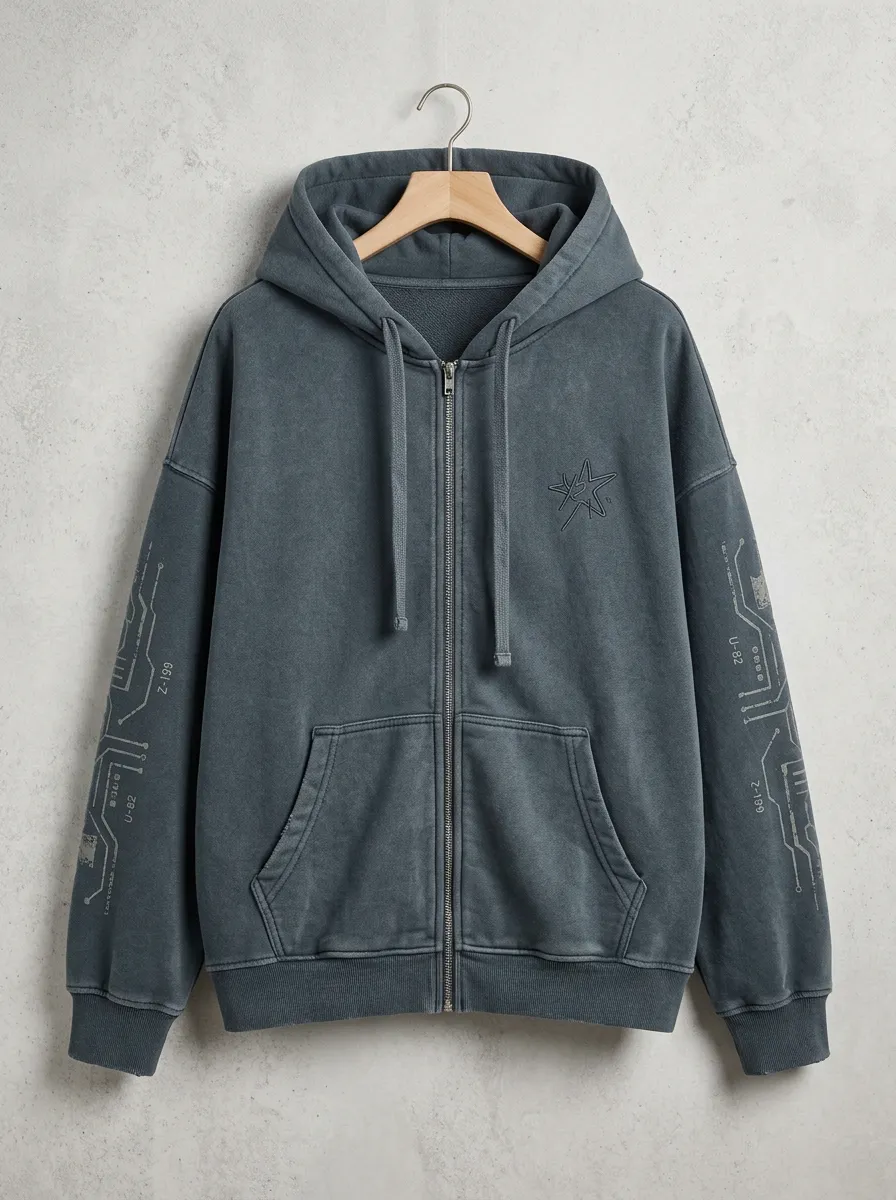 Unisex Streetwear Star Circuit Printed Zip-up Hoodie