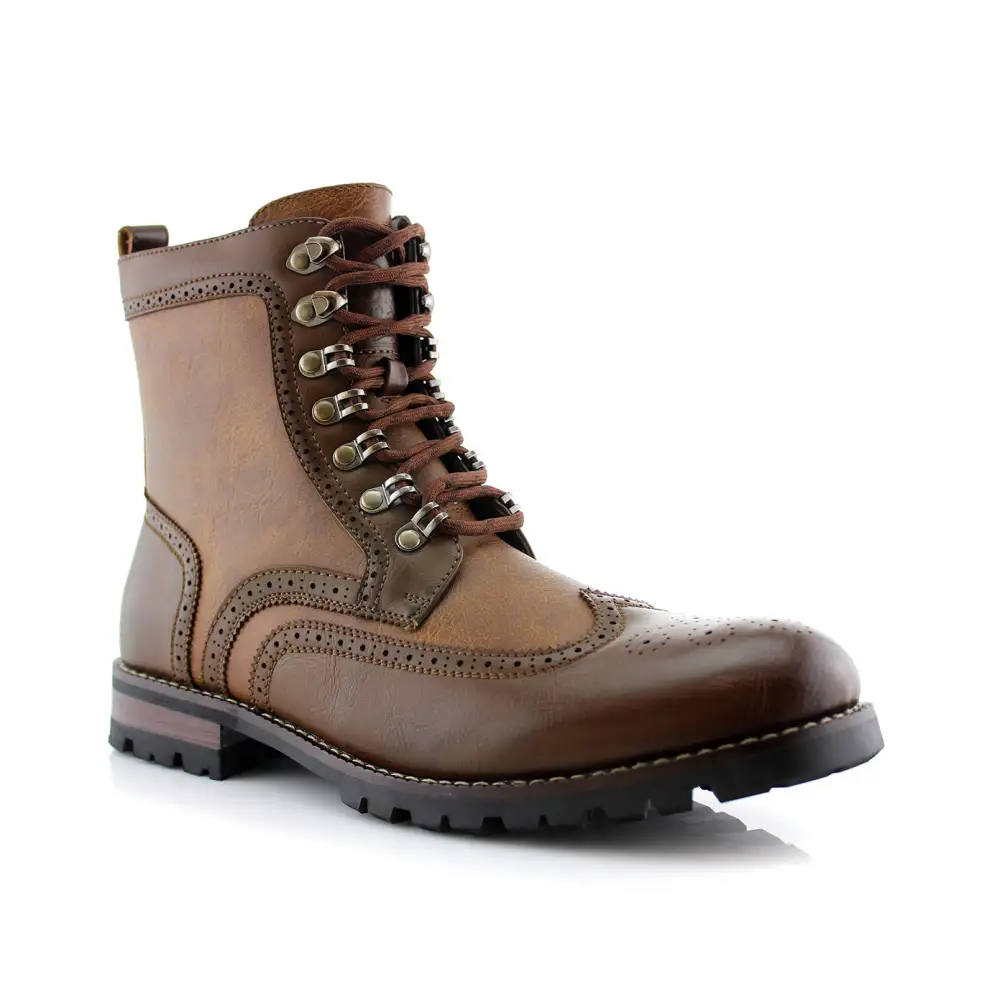 Faux-Leather Embossed Wingtip Combat Boots