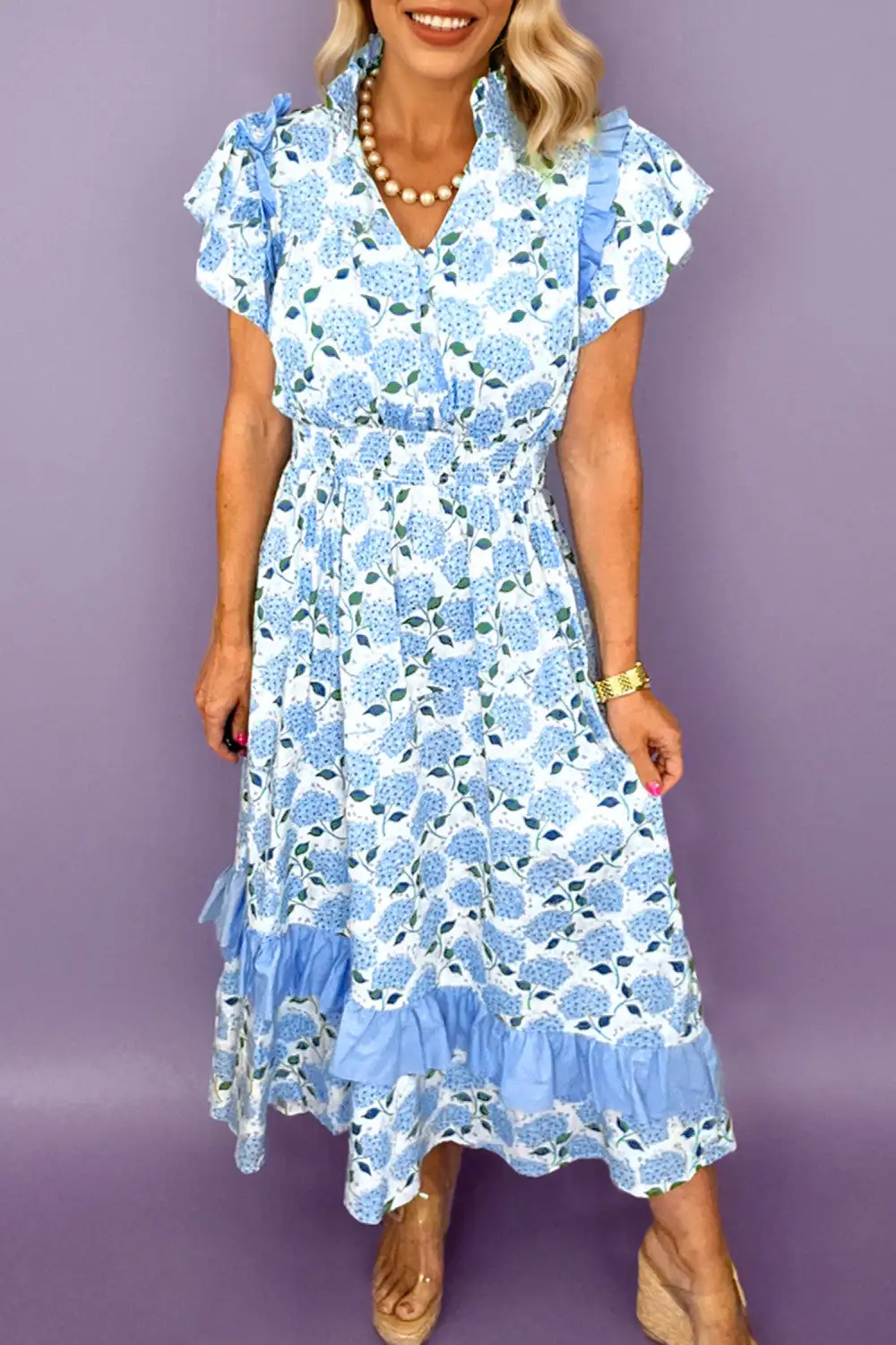 Floral Ruffled Trim Flutter Sleeve Maxi Dress