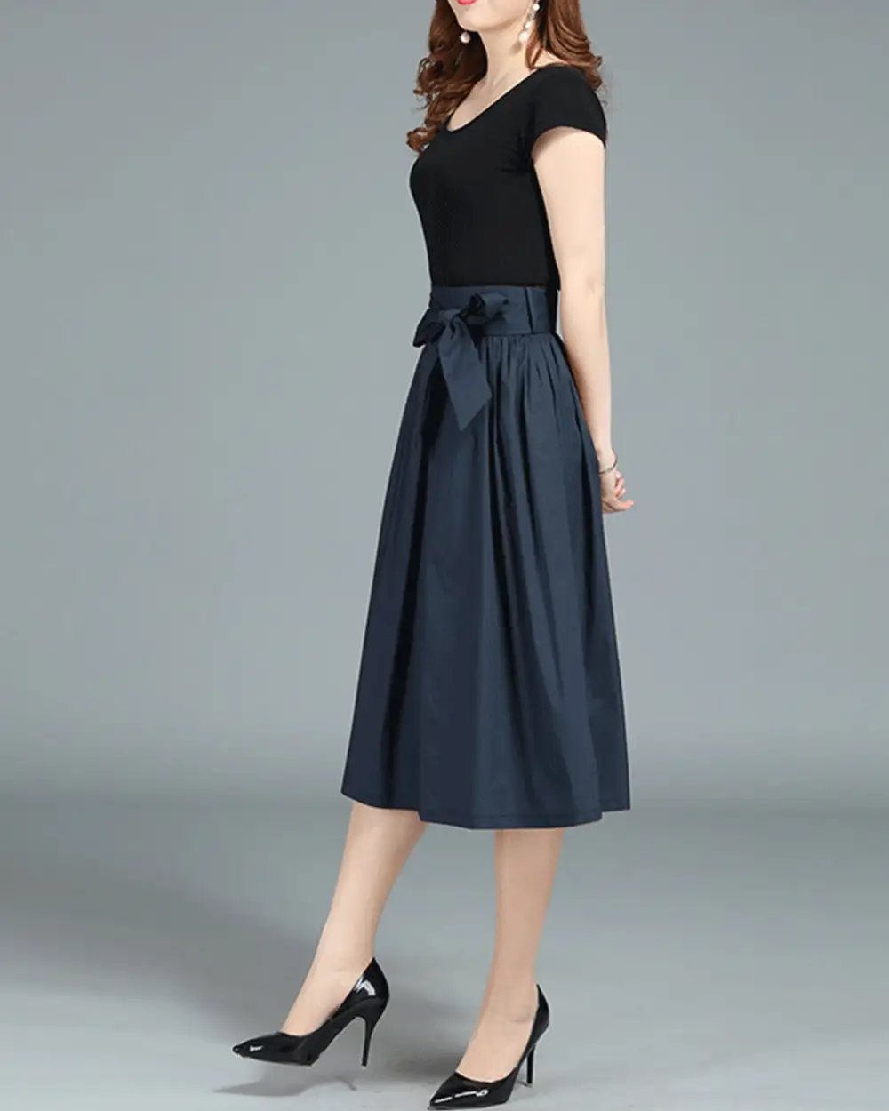 Belted Cotton A Line Midi Skirt