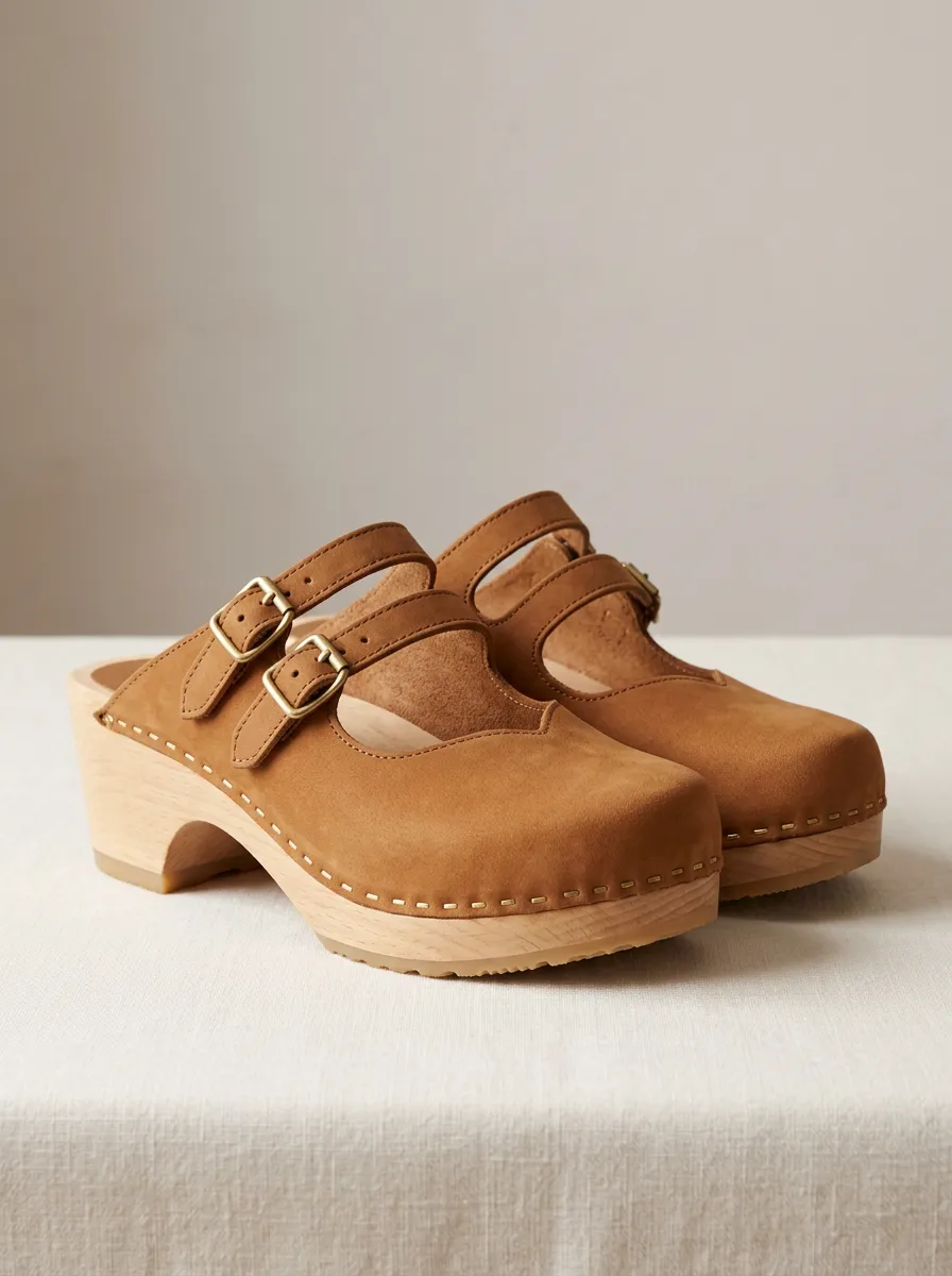 Women's Suede-Look Double-Buckle Wood-Platform Clog Sandals