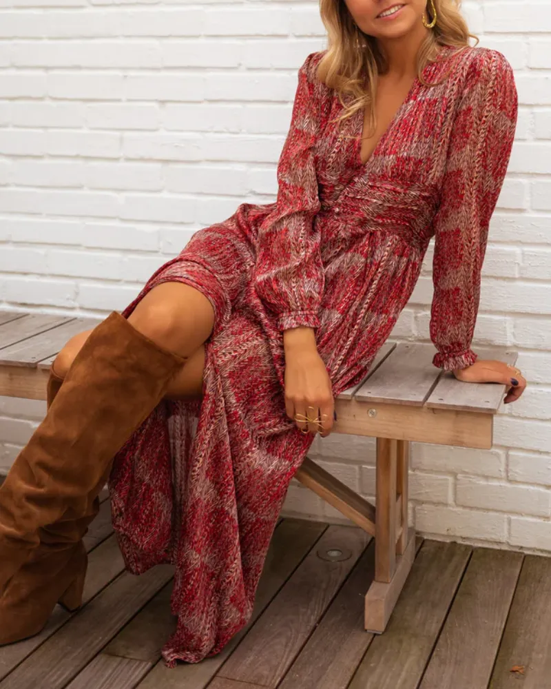 V-Neck Side Slit Maxi Tie Detail Dress