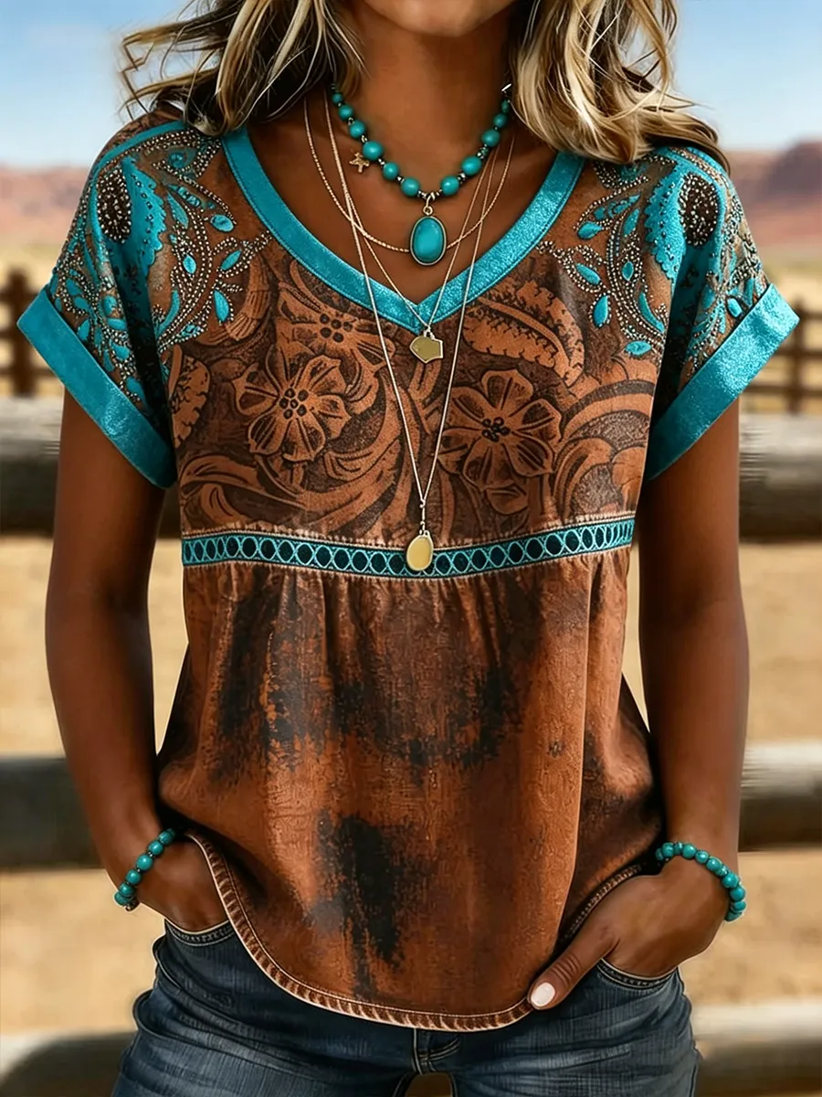 Ethnic Retro Plant Flower Women's V-Neck Hollow Top