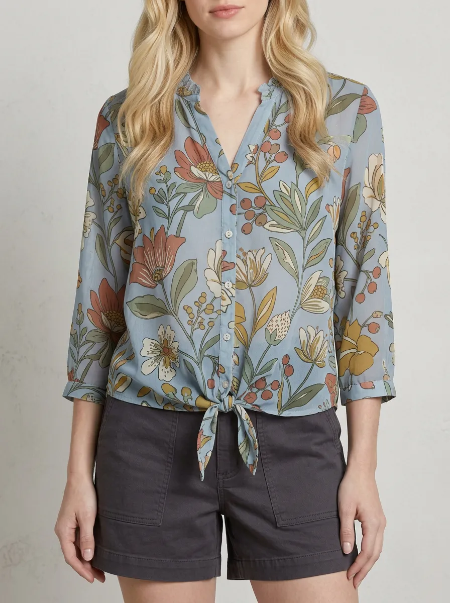 Floral Boho Women's Three-Quarter Sleeve Top
