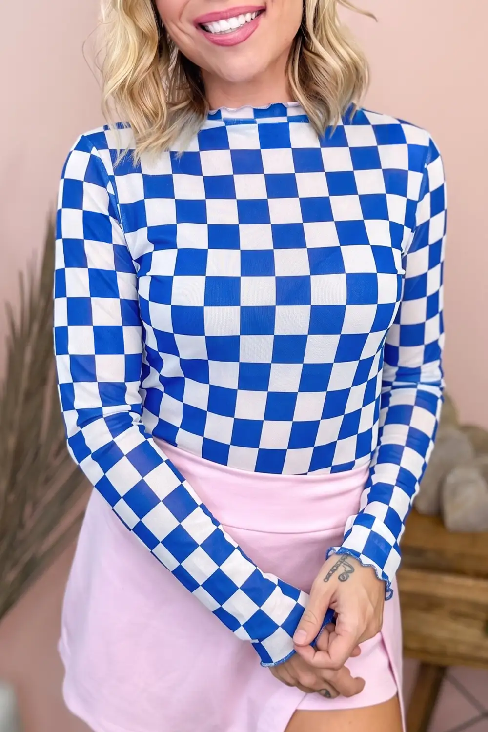 Plaid Mesh Stretch Fabric Long Sleeve Top