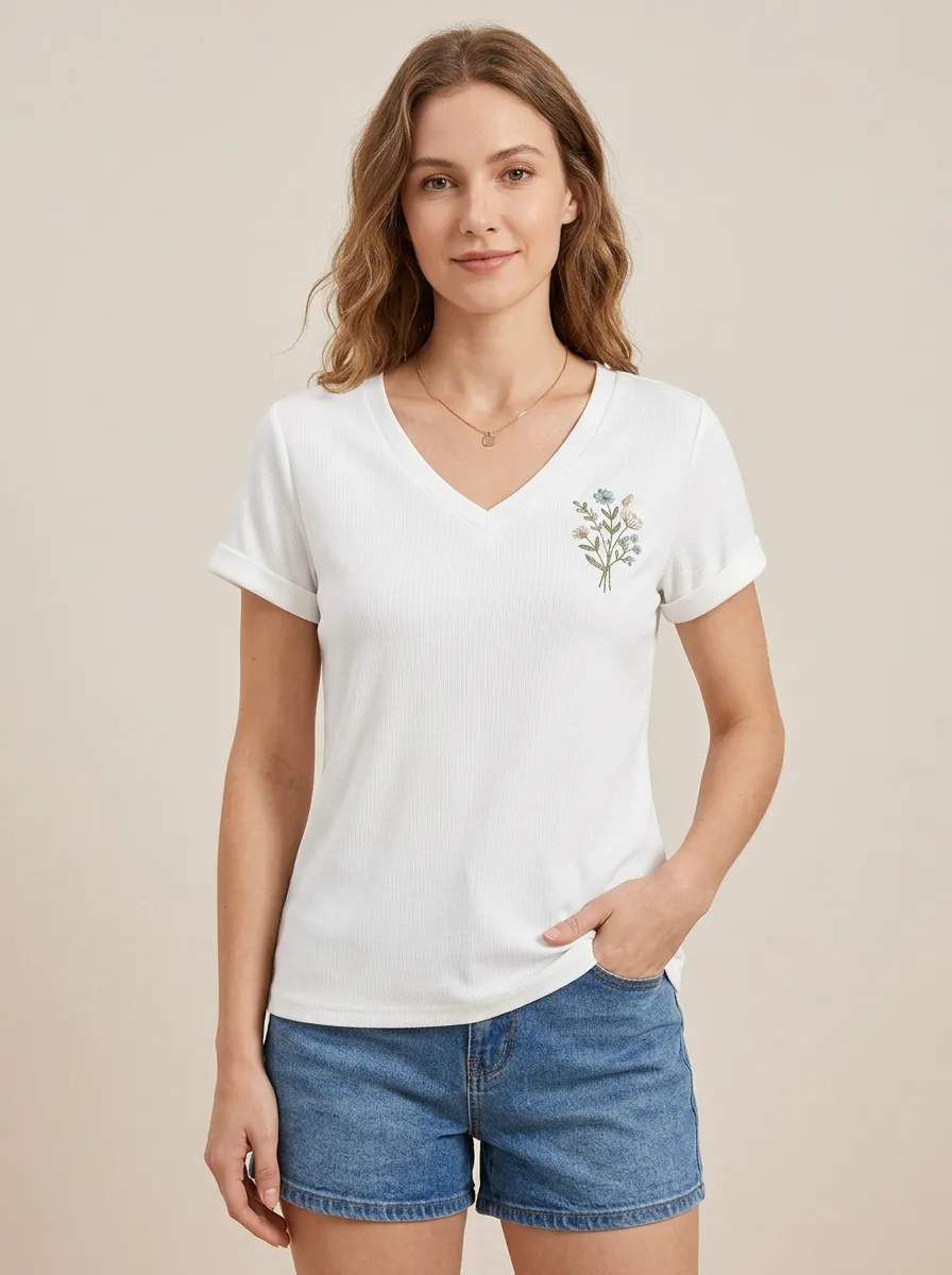 Women's Floral-Embroidered Cuffed-Sleeve V-Neck T-Shirt