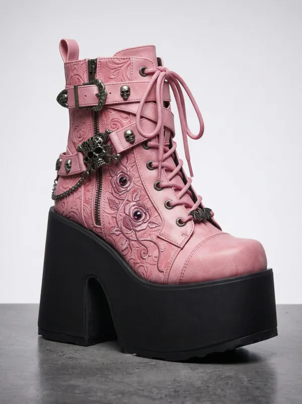 Dramatic Skull Rose Embossed Gothic Edit Women's Gothic Platform Boots