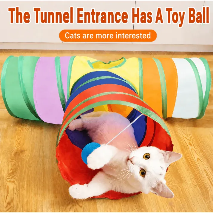 Foldable Rainbow Cat Tunnel Pet Toys With Hanging Balls Dog Toy Mainan Kucing Terowong