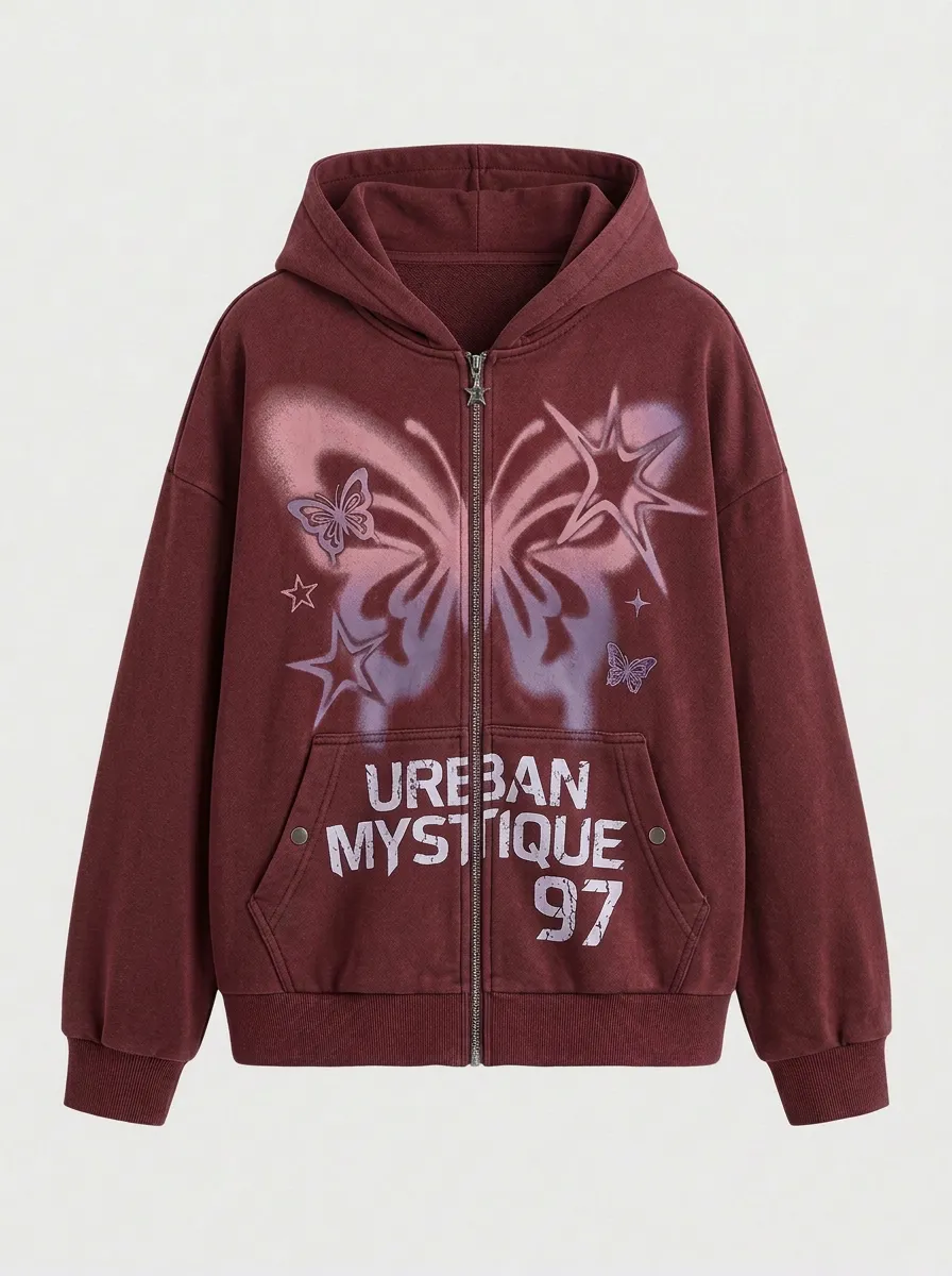 Unisex Streetwear Butterfly Star Printed Zip Up Hoodie