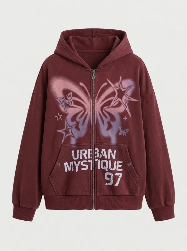 Unisex Streetwear Butterfly Star Printed Zip Up Hoodie