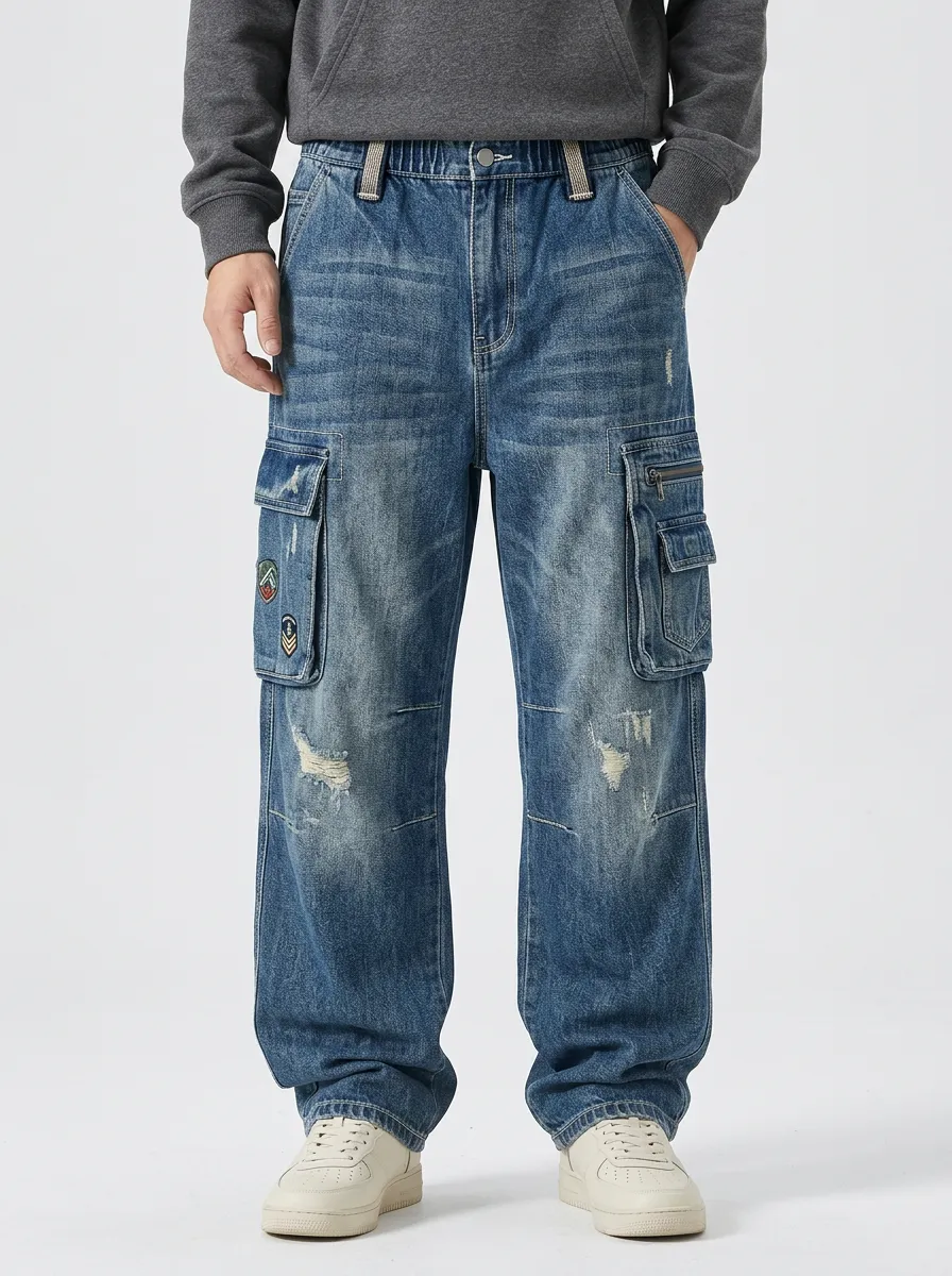 Men's Streetwear Military Patch Distressed Cargo Pants