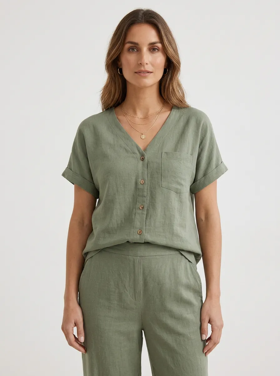 Short-Sleeve Cuffed-Sleeve Button-Down Women's V-Neck Shirt