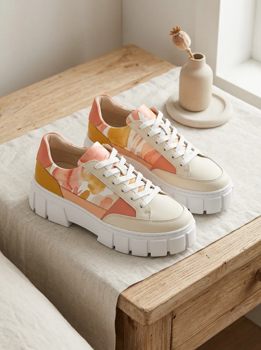 Women's Abstract Watercolor Floral Printed Platform Sneakers
