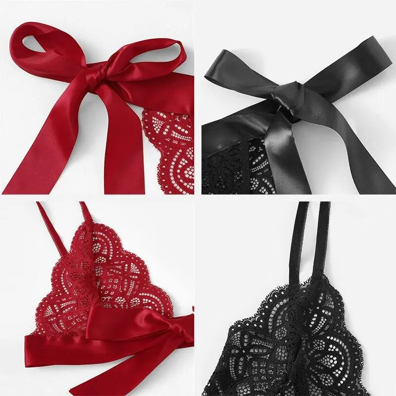 Satin Bow Floral Lace Lingerie Set