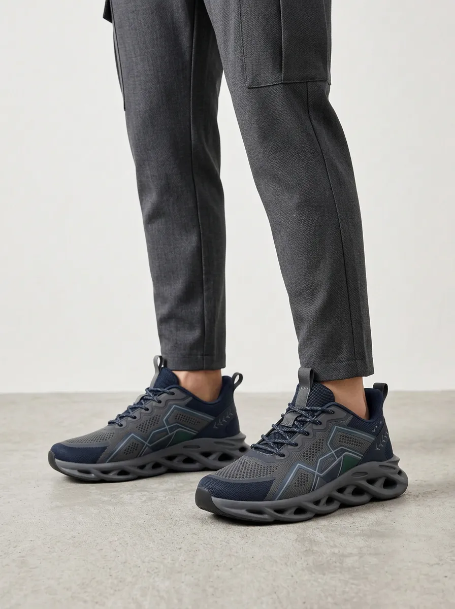 Men's Grey and Navy Geometric Panel Sneakers