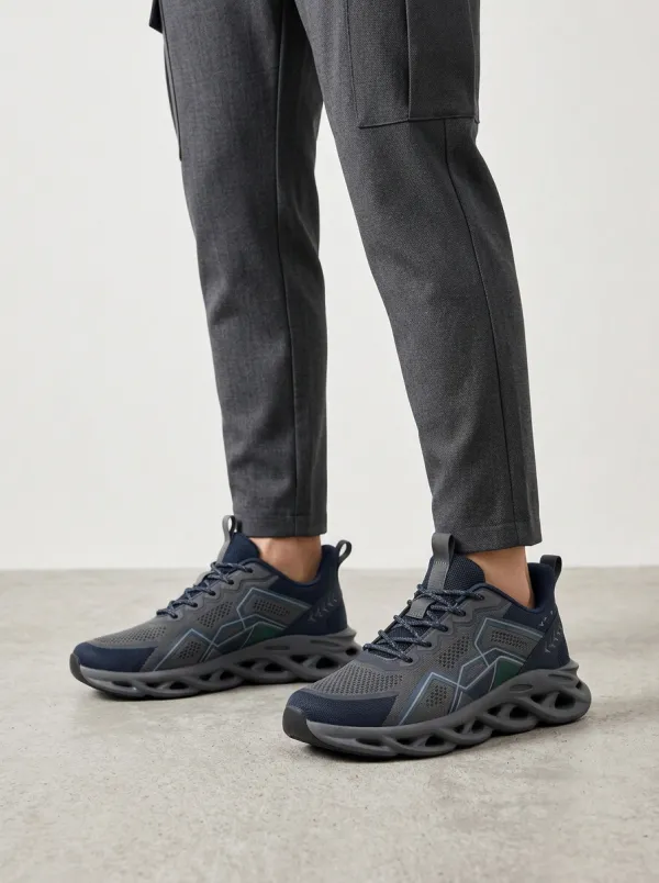 Men's Grey and Navy Geometric Panel Sneakers