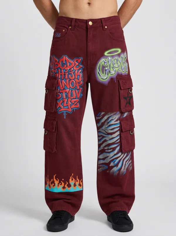 Men's Graffiti Alphabet Flame Zebra Graphic Cargo Jeans