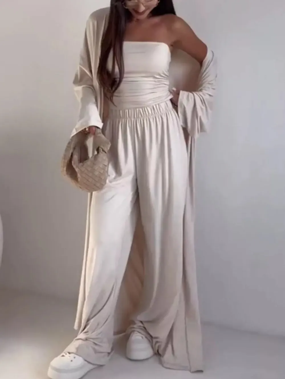 Tube Top & Cardigan & Wide Leg Pants Piece