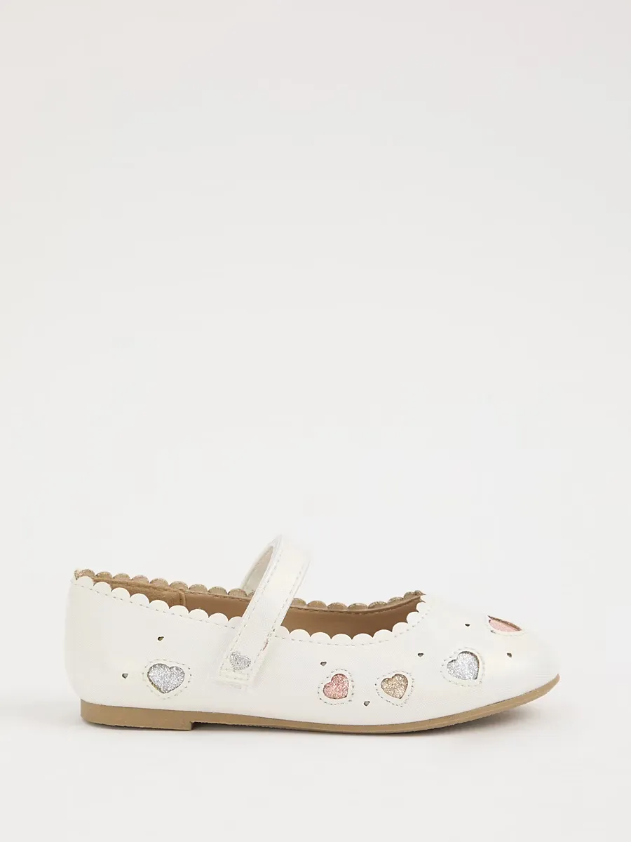 White Holographic Heart Scallop Edge Ballet Shoes