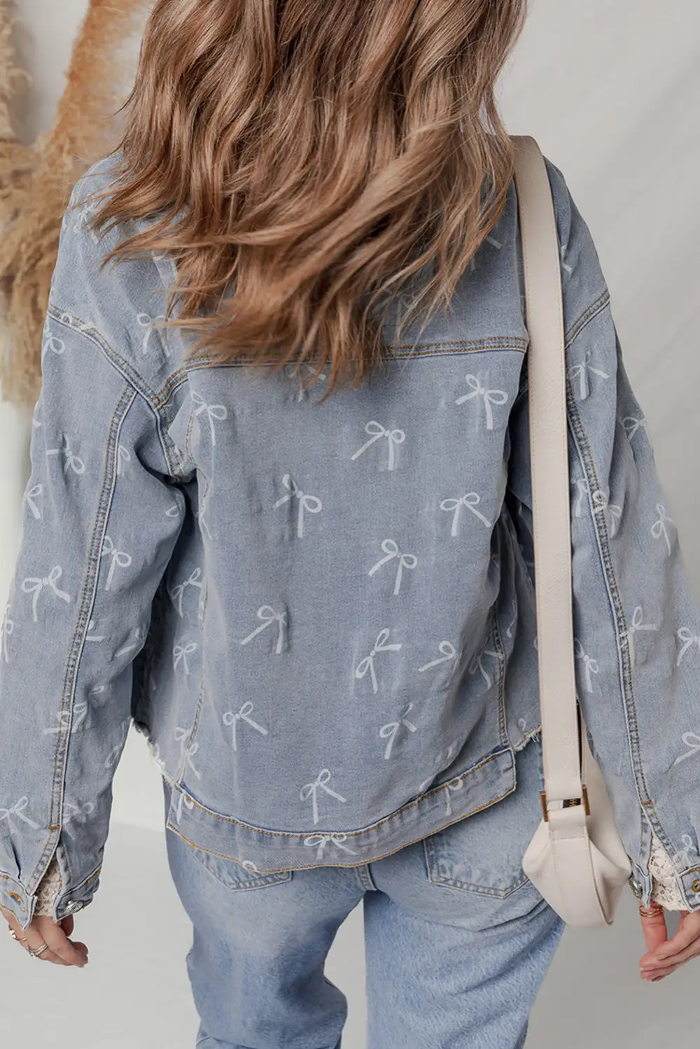 Women's Bow Knot Print Light Wash Raw Hem Denim Jacket