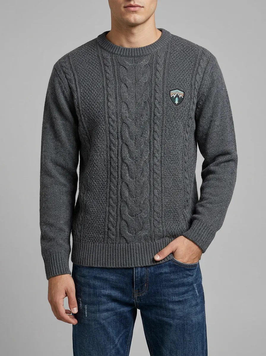 Men's Charcoal Grey Outdoor Mountain Tree Patch Knit Sweater
