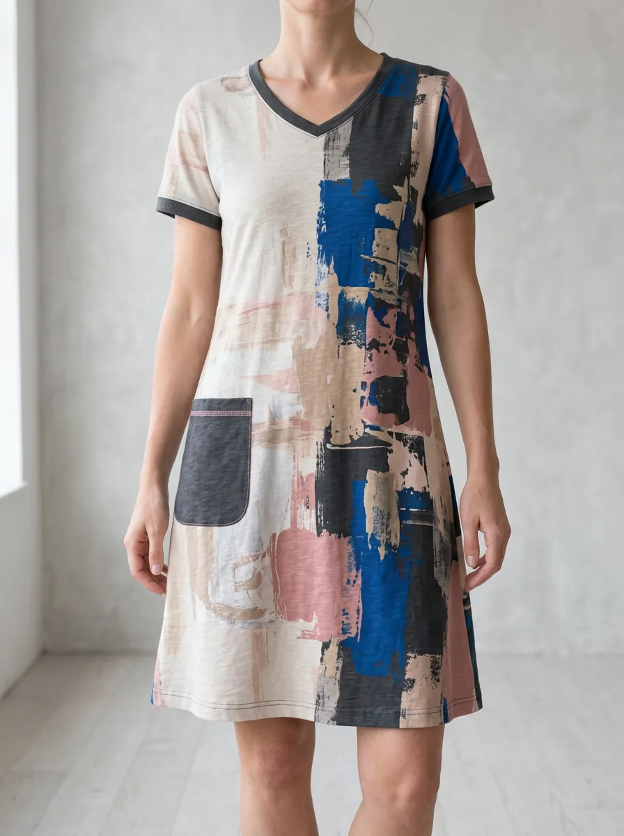 Women's Abstract Art Color Block Printed V-Neck Dress
