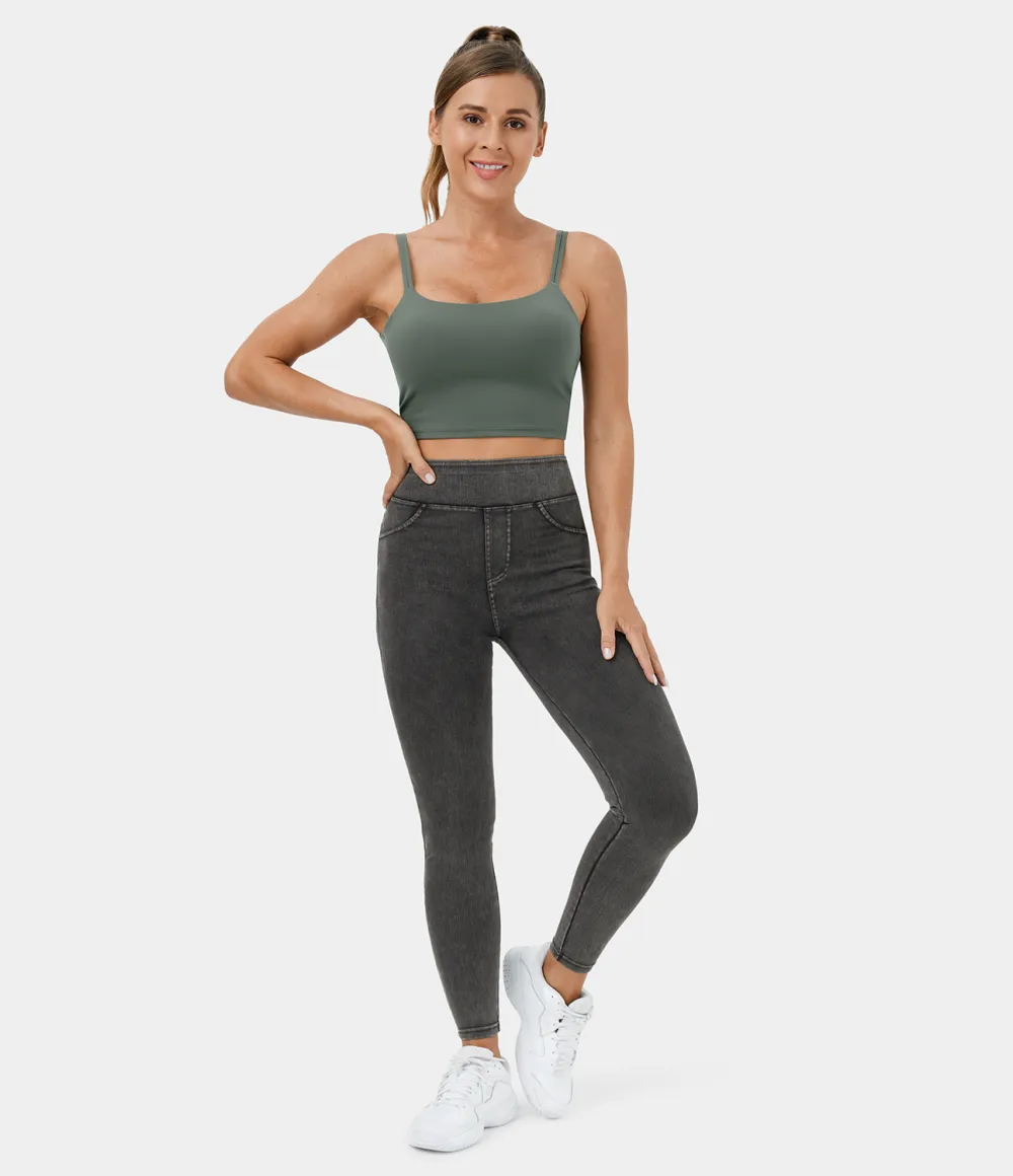 Magic High Waisted Back Side Pocket Stretchy Knit Denim Casual Leggings
