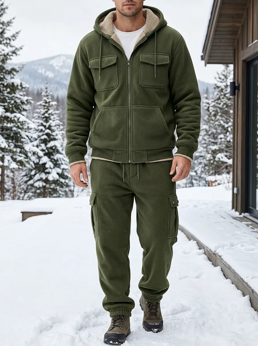 Men's Winter Fleece-Lined Zip-Up Hoodie and Pants Set with Cargo Pockets