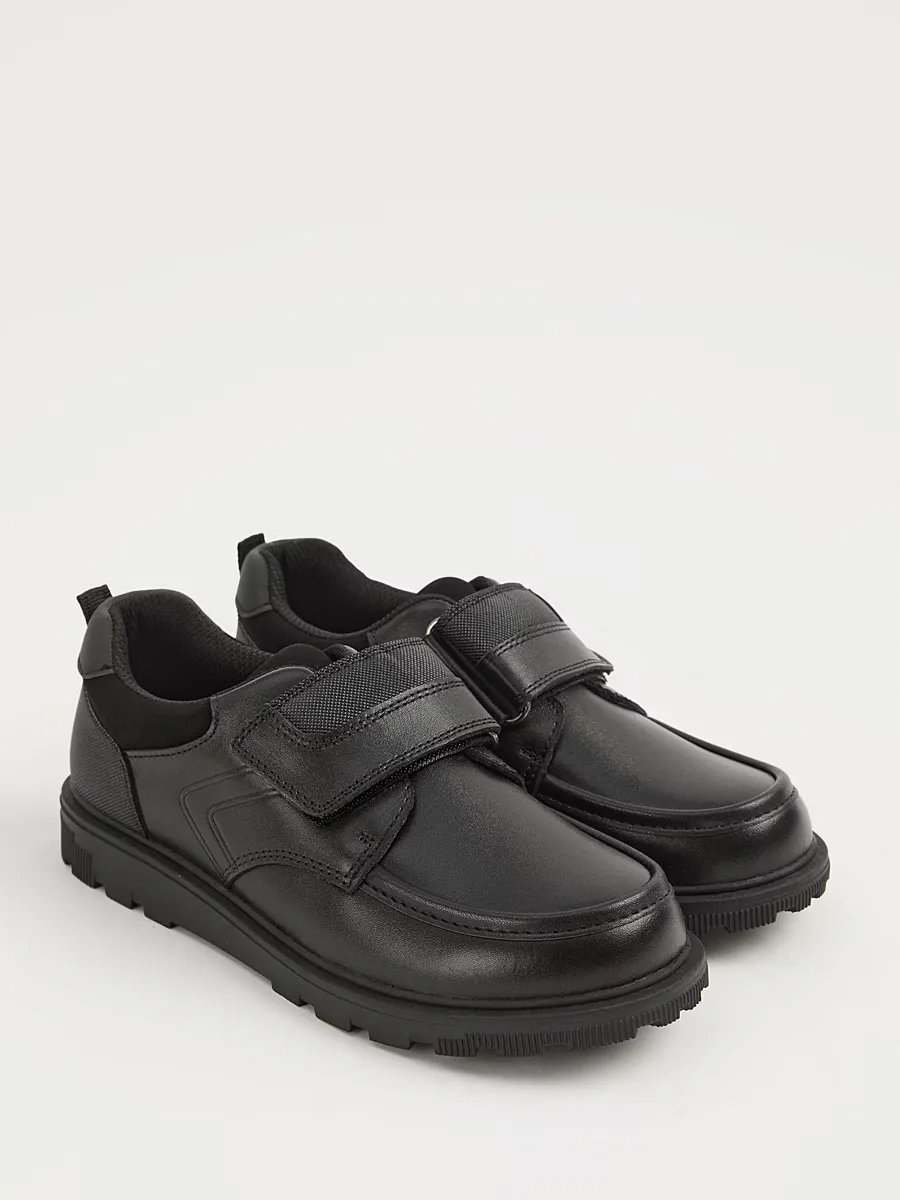 Black Leather Strap Moccasin School Shoes