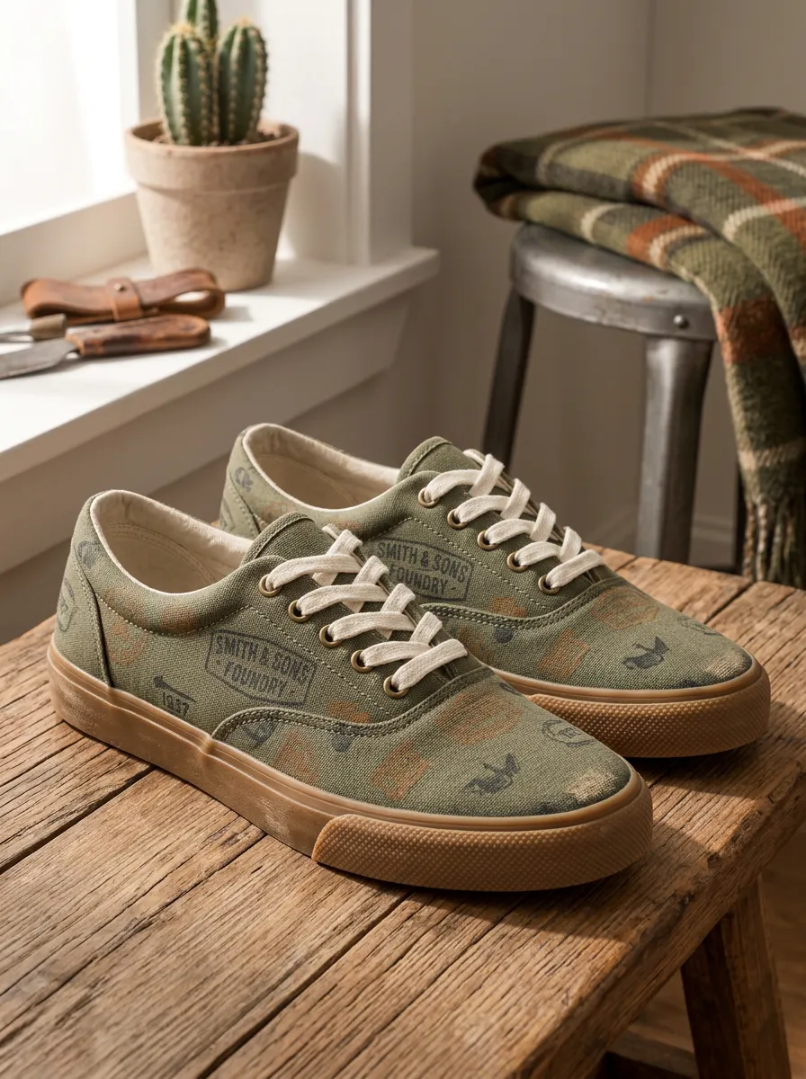 Men's Smith & Sons Foundry Logo Olive Green Printed Canvas Shoes