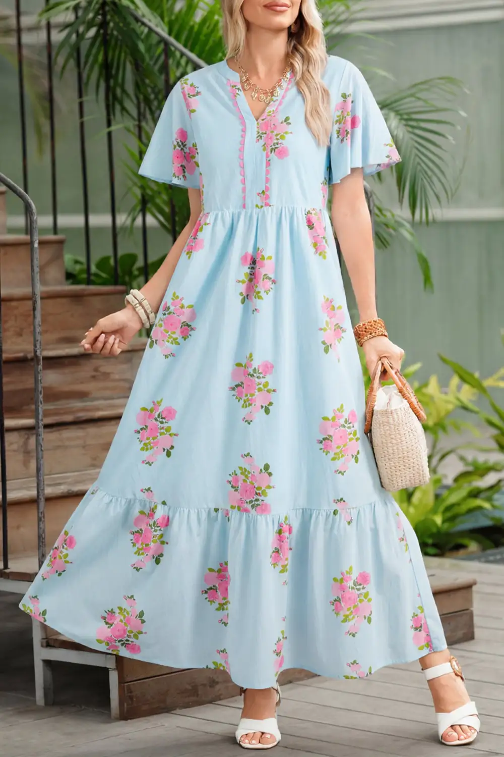 Sky Notched Neck Flutter Short Sleeve Floral Print Maxi