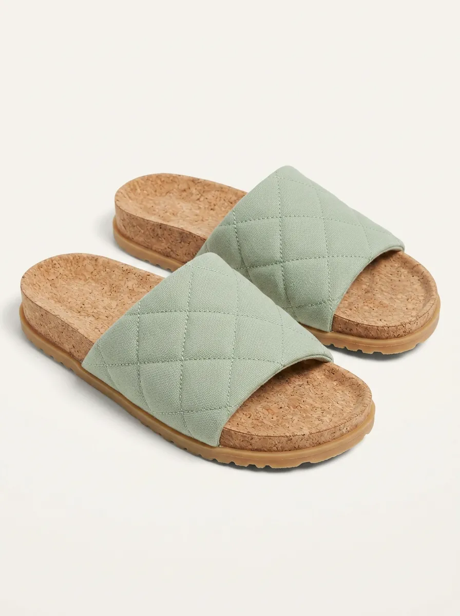 Women's Sage Green Quilted Cork Footbed Printed Slides