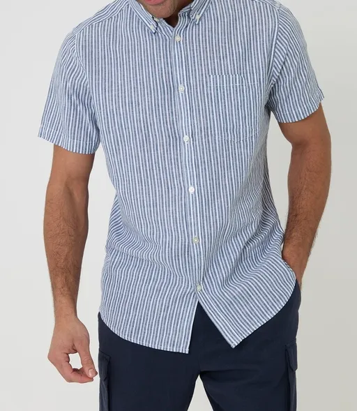 Blue Stripe Linen-Cotton Blend Short-Sleeve Shirt