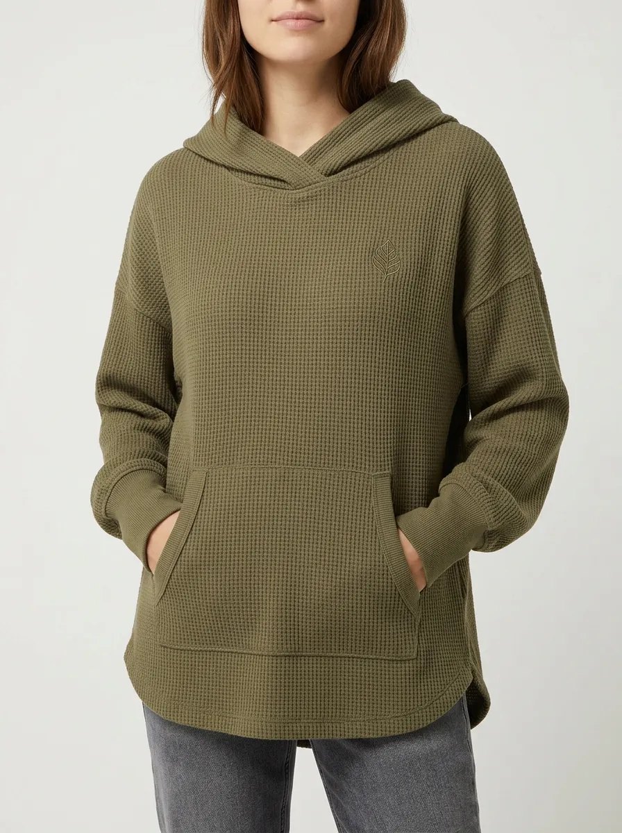 Women's Olive Waffle Knit Leaf Embroidered Hooded Top