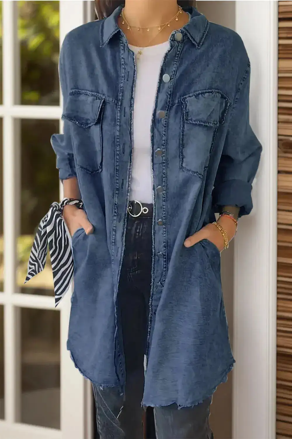 Relaxed Denim Button Front Pocketed Casual Jacket