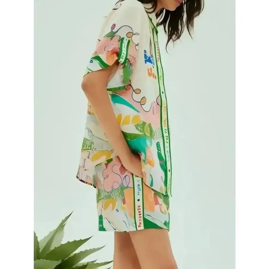 Flowing Printed Button Up Shirt and Shorts Set