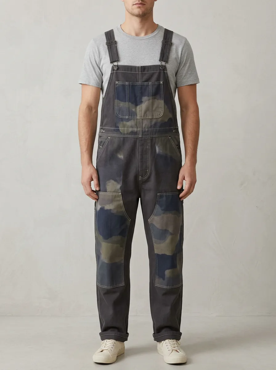 Camo Print Utility Contrast Stitch Overalls