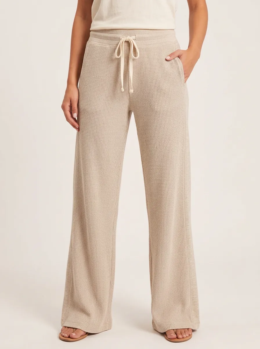 Women's Casual Lounge Waffle Knit Drawstring Wide Leg Pants