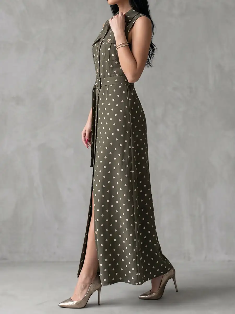 Polka Dot Buttoned Belted Sleeveless Shirt Maxi