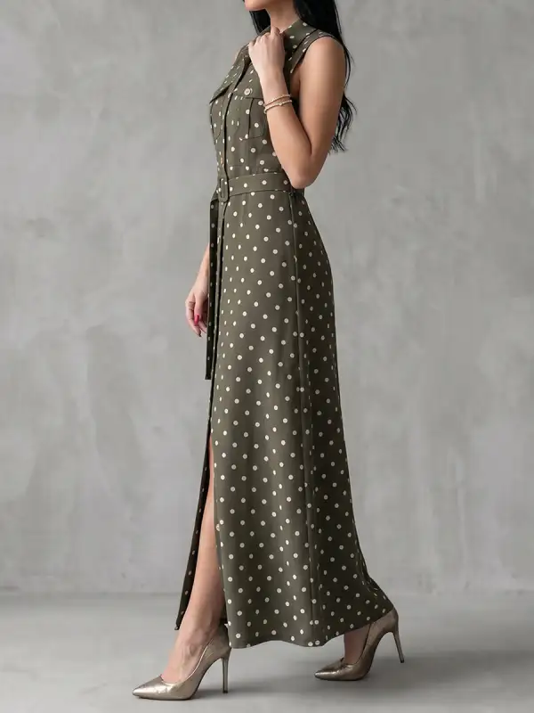 Polka Dot Buttoned Belted Sleeveless Shirt Maxi
