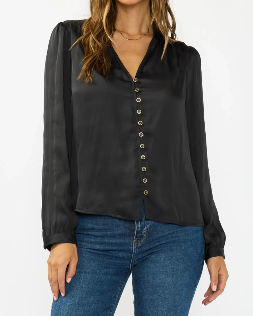 Shirred Satin Button Front Shirt