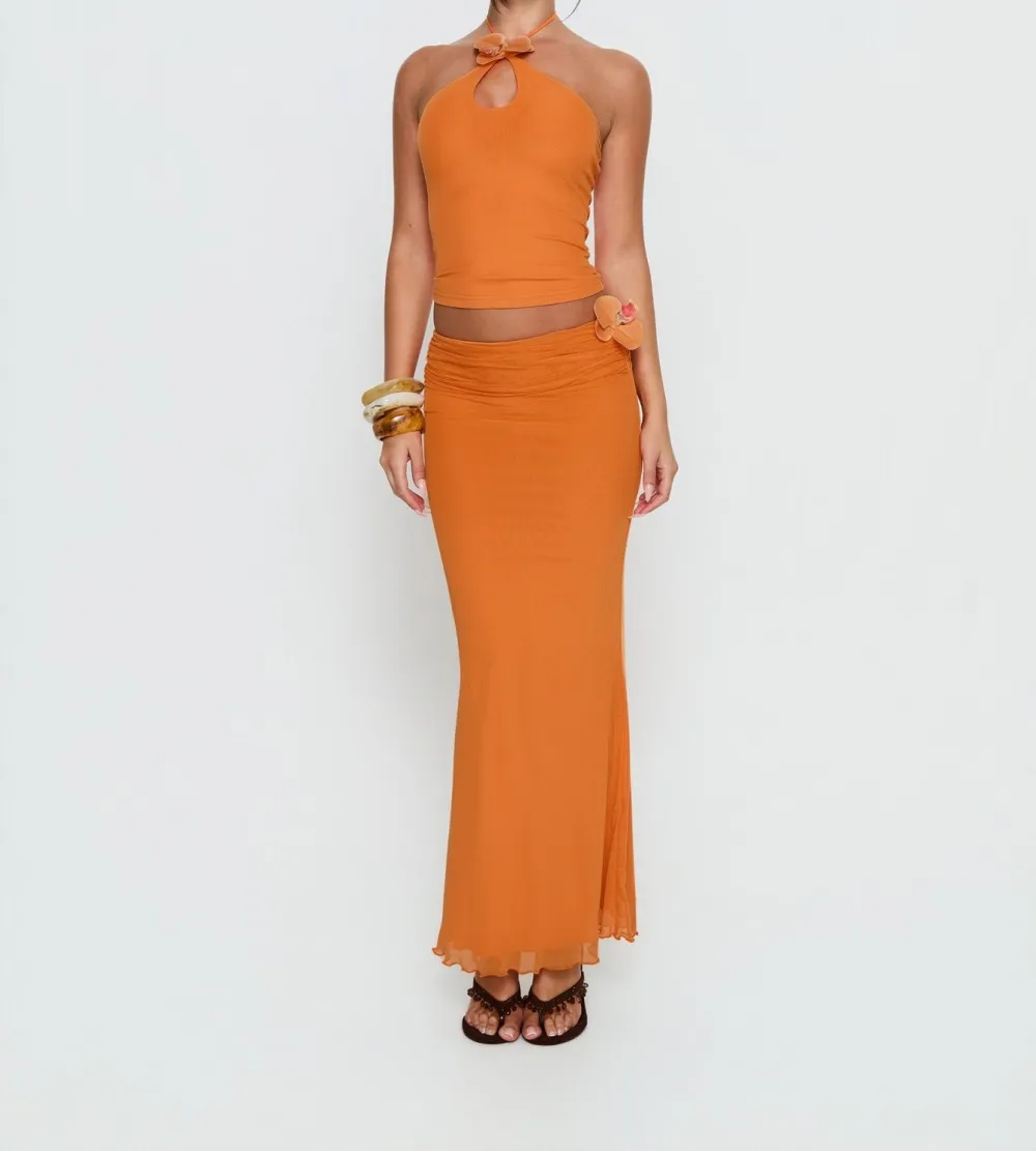 Orange Ruched Floral Maxi Skirt